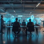 Humans and AI agents collaborating in a futuristic office, symbolizing how artificial intelligence is reshaping modern work roles.