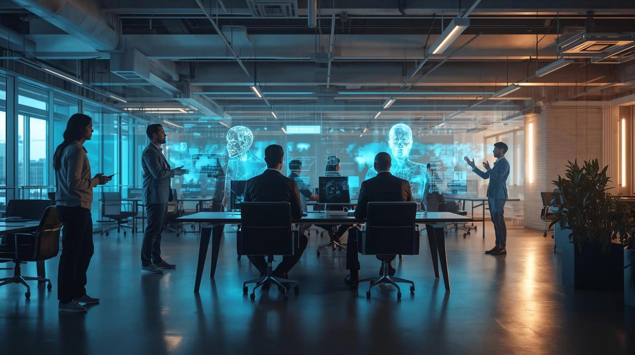 Humans and AI agents collaborating in a futuristic office, symbolizing how artificial intelligence is reshaping modern work roles.