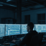 A person monitors intensive AI training dashboards while another appears fatigued, illustrating AI development risks and human strain.