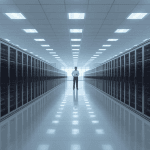 A technician reviews declining utilization charts inside a data center with underused server racks, illustrating the AI infrastructure glut.