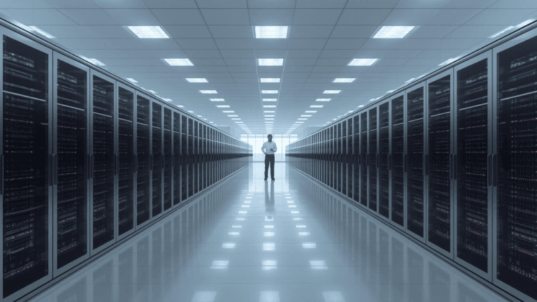 A technician reviews declining utilization charts inside a data center with underused server racks, illustrating the AI infrastructure glut.