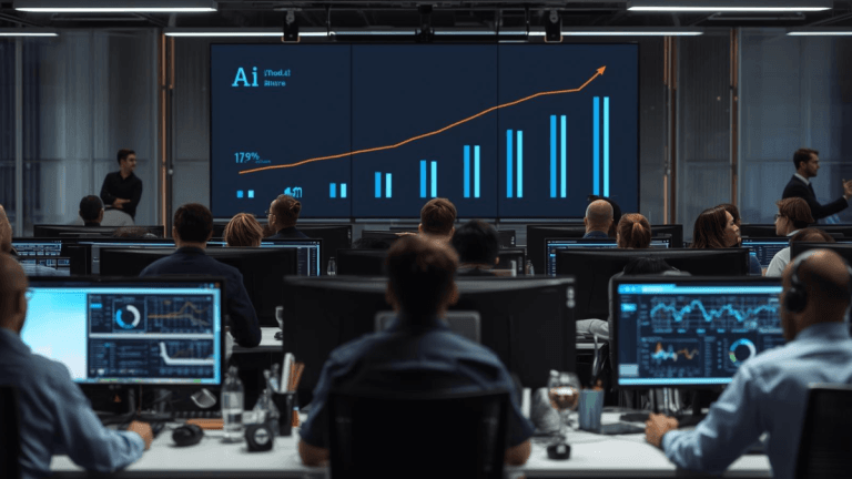 Teams work at AI development stations alongside neutral market share charts, illustrating the shift in AI market competition.