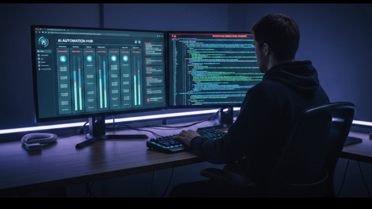 A person analyzes suspicious automated browser activity and injected prompts on dual monitors, illustrating the risk of AI prompt injection.