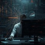 A human employee’s workstation fading as an AI algorithm interface takes over, symbolizing job displacement caused by artificial intelligence.