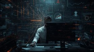 A human employee’s workstation fading as an AI algorithm interface takes over, symbolizing job displacement caused by artificial intelligence.