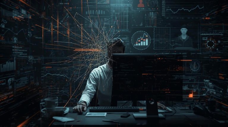 A human employee’s workstation fading as an AI algorithm interface takes over, symbolizing job displacement caused by artificial intelligence.