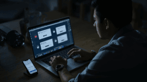 A person reviews security warning alerts on a laptop and smartphone showing unauthorized access attempts, illustrating account takeover fraud.
