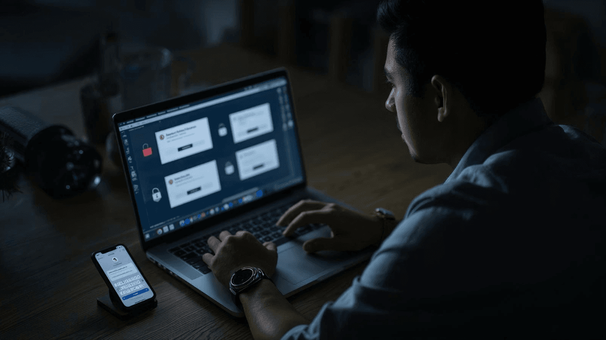 A person reviews security warning alerts on a laptop and smartphone showing unauthorized access attempts, illustrating account takeover fraud.