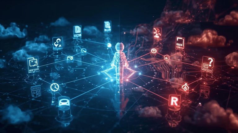 Visual depiction of an autonomous AI agent navigating decision paths, illustrating both the potential and risks of agentic AI.