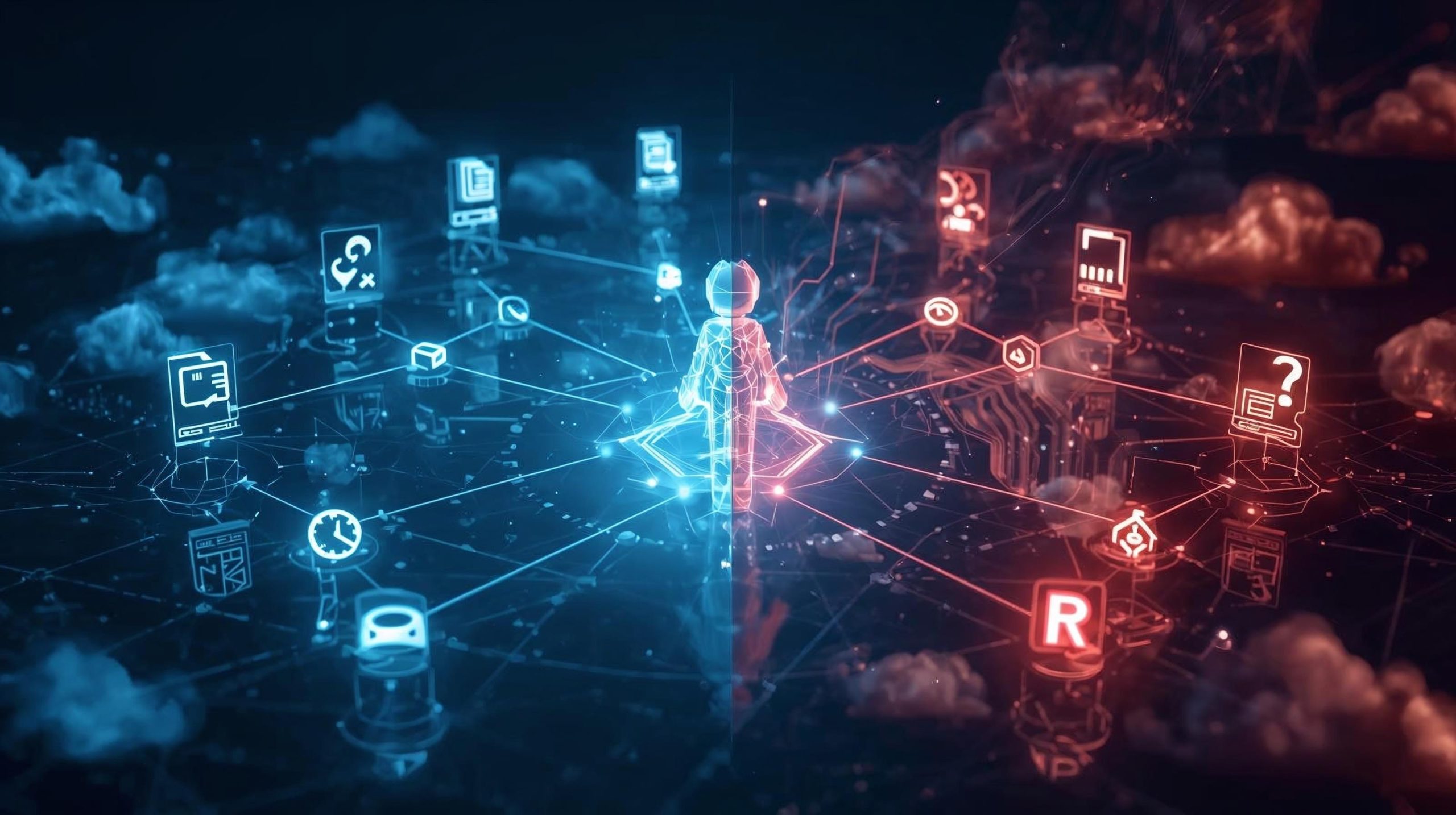 Visual depiction of an autonomous AI agent navigating decision paths, illustrating both the potential and risks of agentic AI.