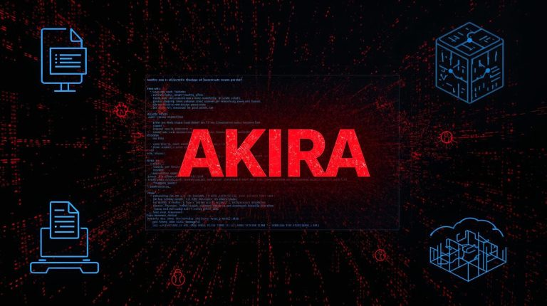 Computer screen infected with Akira ransomware alongside CISA security guidance overlays showing mitigation steps and defensive alerts.