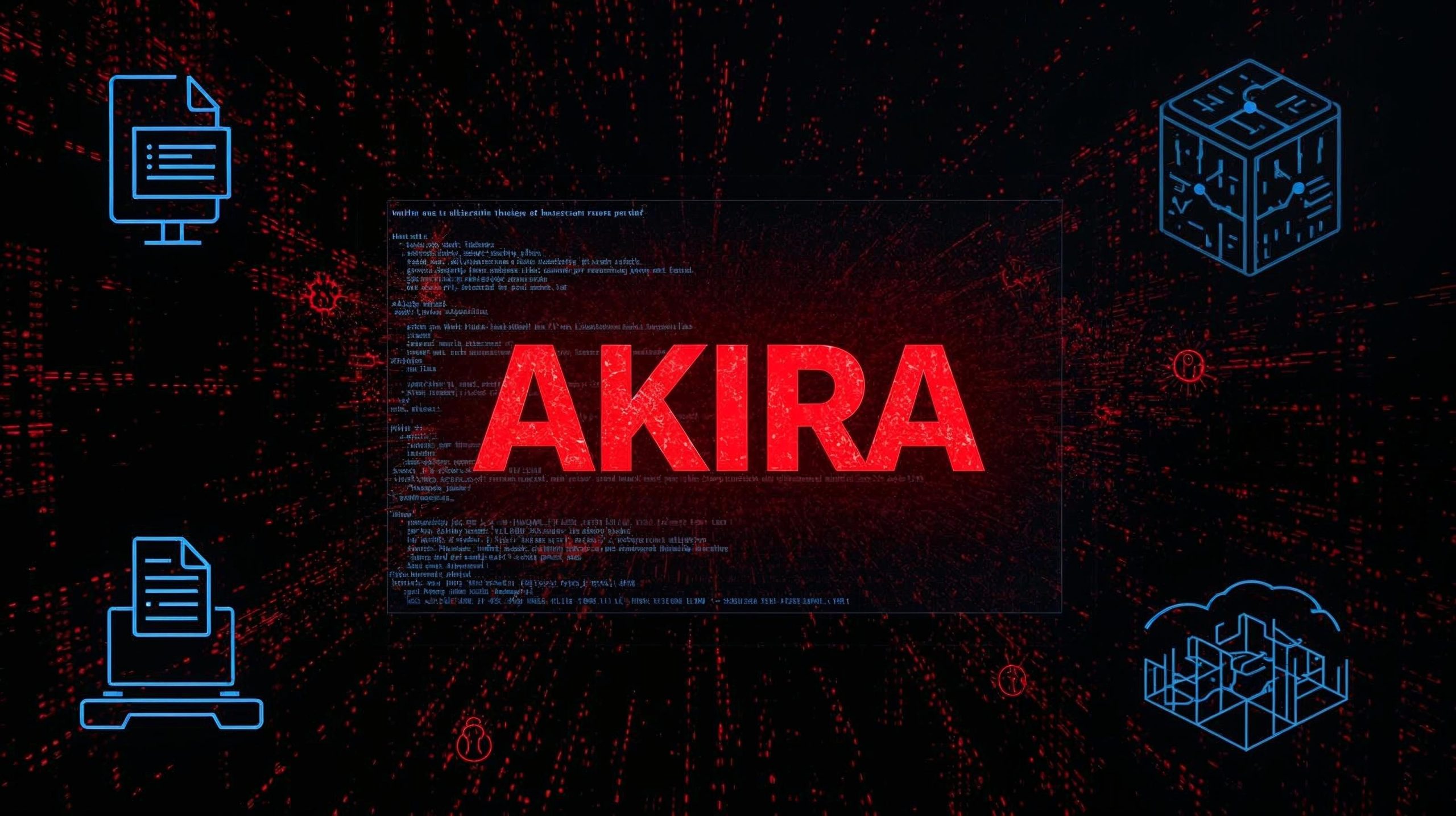 Computer screen infected with Akira ransomware alongside CISA security guidance overlays showing mitigation steps and defensive alerts.
