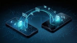 Two Android devices sharing files wirelessly using next-generation Wi-Fi technology with glowing data transfer streams.