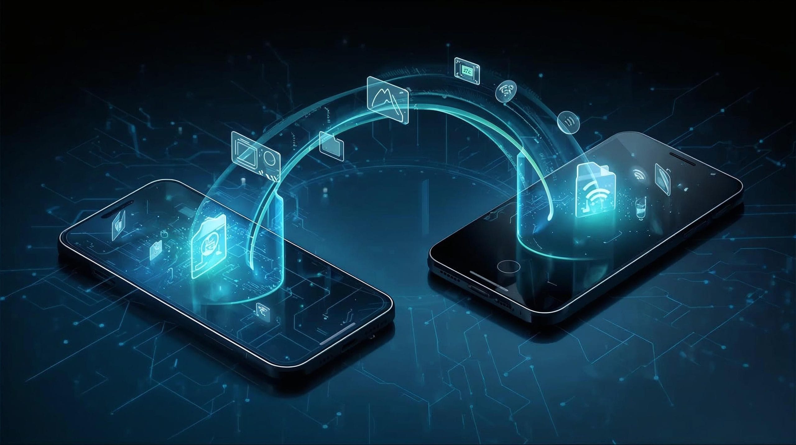 Two Android devices sharing files wirelessly using next-generation Wi-Fi technology with glowing data transfer streams.