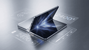 Futuristic concept illustration of a premium foldable smartphone with glowing hinge mechanics and flexible displays representing Apple’s potential foldable design.