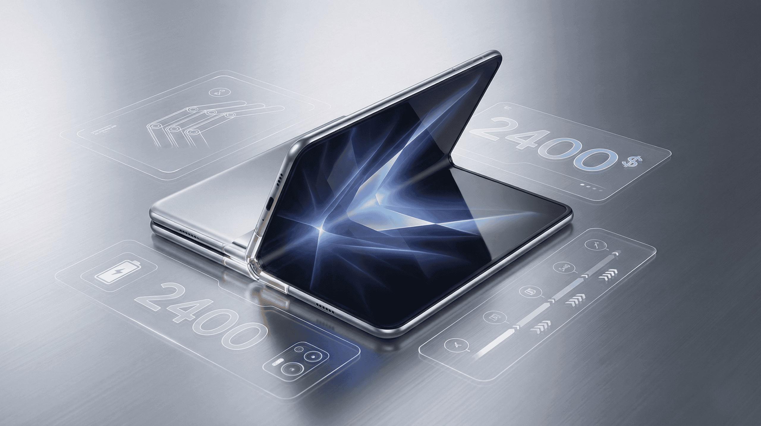 Futuristic concept illustration of a premium foldable smartphone with glowing hinge mechanics and flexible displays representing Apple’s potential foldable design.