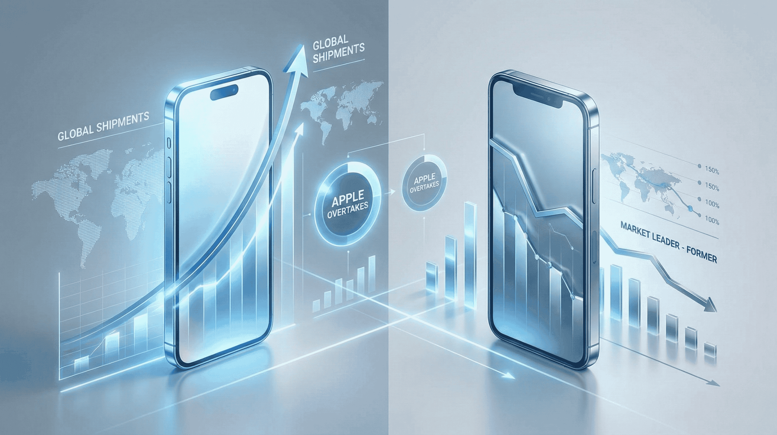 Futuristic smartphone silhouettes with global market-share charts showing Apple surpassing Samsung in worldwide shipments.