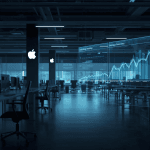 Corporate sales floor with dimmed desks and analytics overlays symbolizing layoffs and shifting trends in the tech industry.