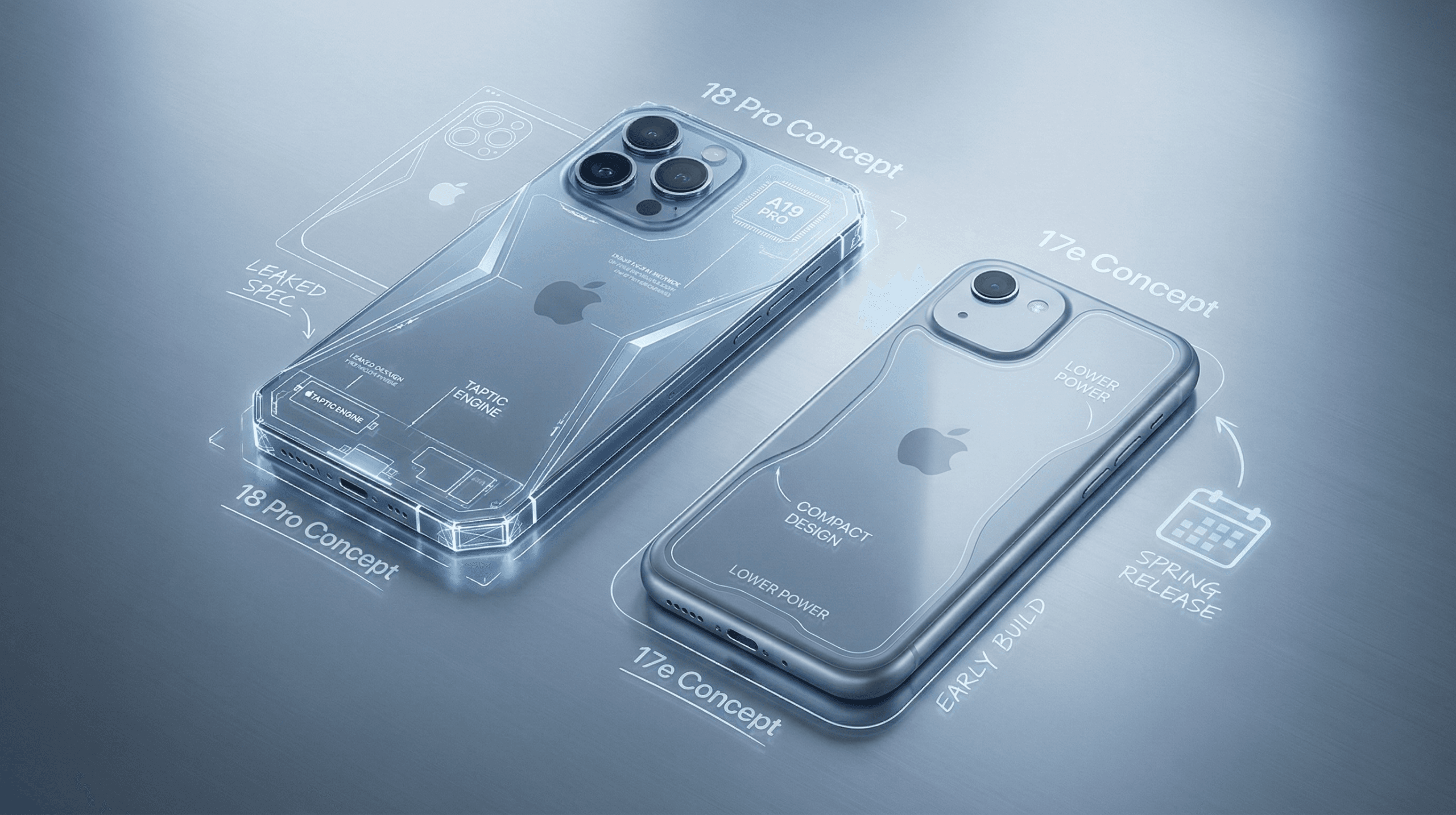 Futuristic concept illustration showing next-generation iPhone designs with blueprint-style leak overlays hinting at upcoming changes before the iPhone 17e launch.