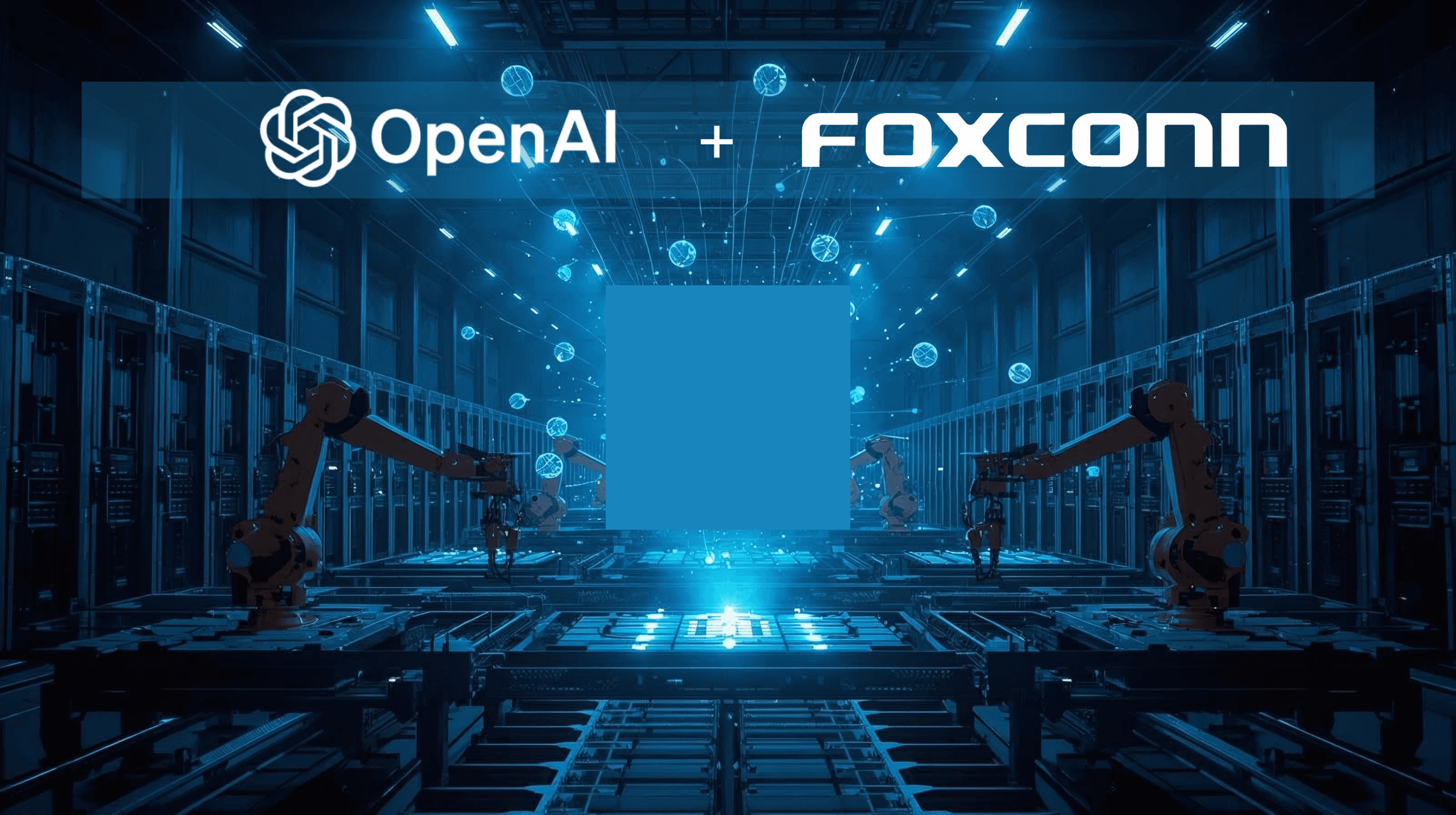 Industrial facility assembling AI hardware with glowing data networks representing the merging of cloud intelligence and large-scale manufacturing.