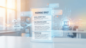 Smartphone showing an AI-generated morning news brief with holographic social-media feeds being summarized into clean headlines.