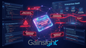 Visualization of a compromised OAuth token surrounded by security warnings and ripple effects across a connected enterprise SaaS environment.