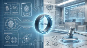 Smart ring silhouette surrounded by legal and technology graphics symbolizing an ITC ruling in ongoing wearable-technology lawsuits.