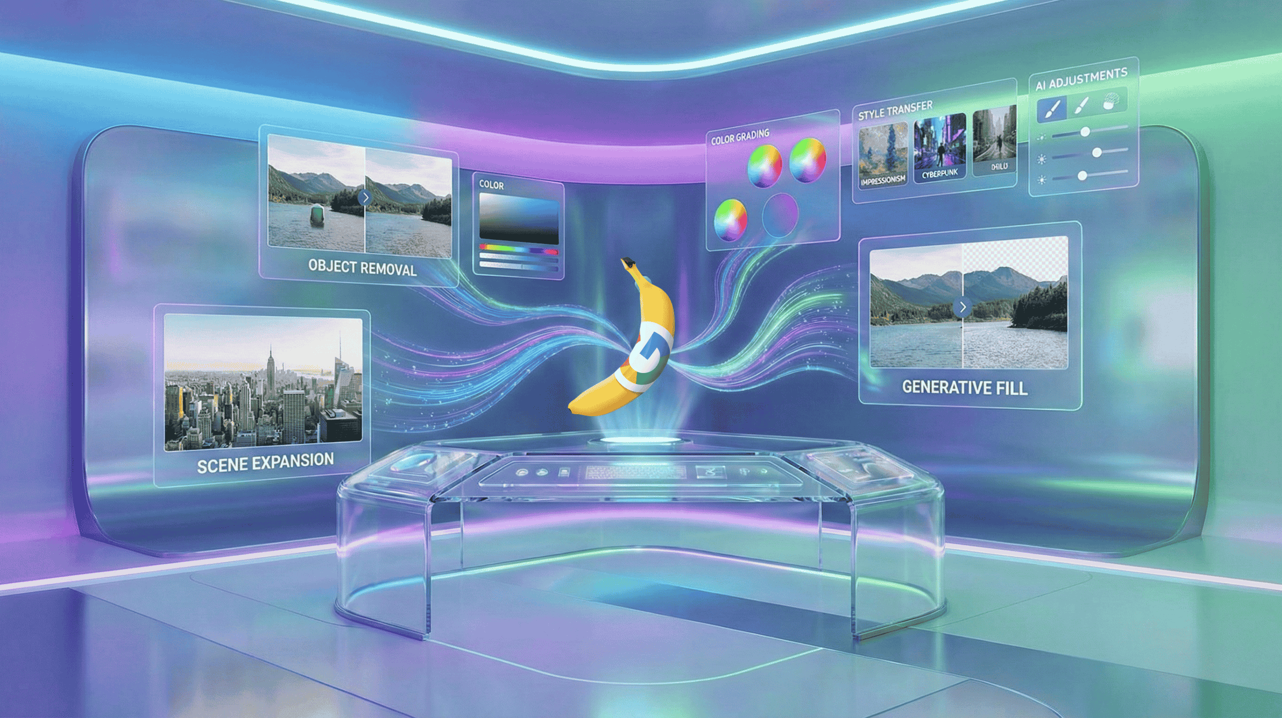 Futuristic AI image-editing control room powered by a compact device, with holographic editing tools and generative image panels.