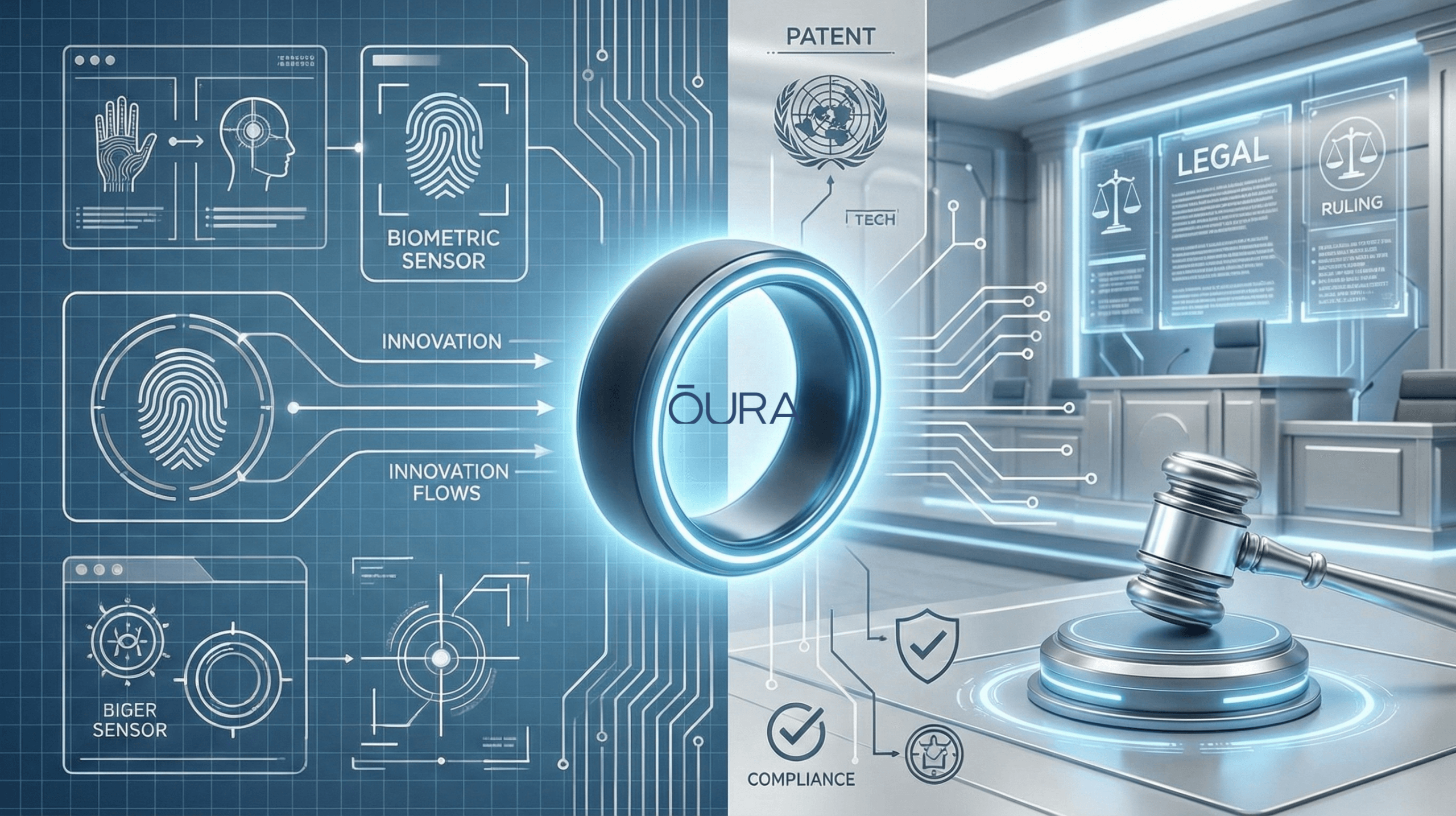 Smart ring silhouette surrounded by legal and technology graphics symbolizing an ITC ruling in ongoing wearable-technology lawsuits.