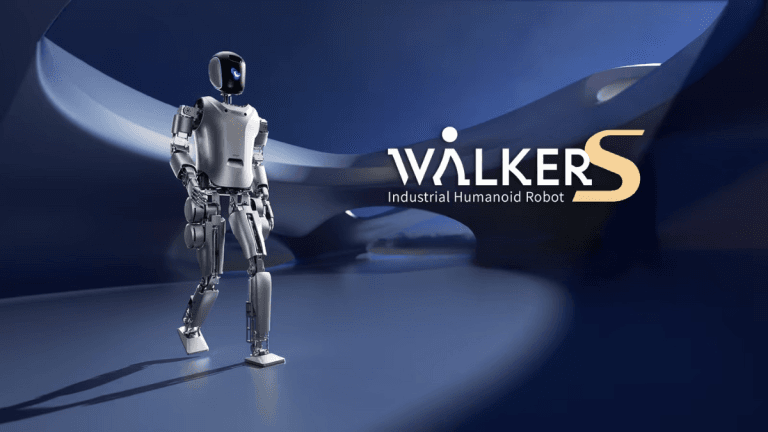 Humanoid robot in futuristic environment.