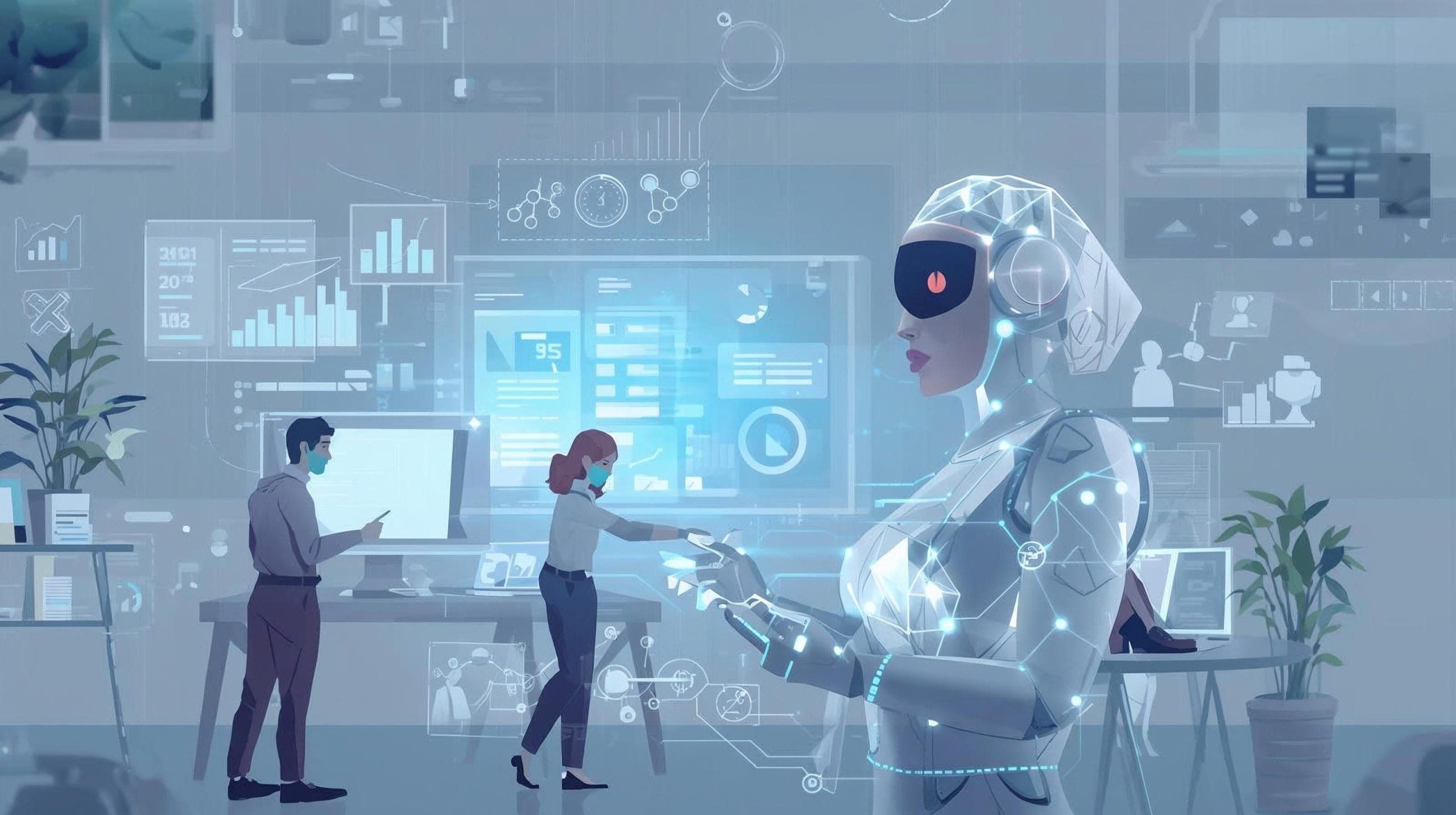 Futuristic workplace where an AI agent works alongside human employees, visualizing Claude’s new autonomous and agentic capabilities.