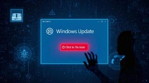 Deceptive Windows Update–style pop-up used in a ClickFix phishing attack, surrounded by cybersecurity warning indicators.