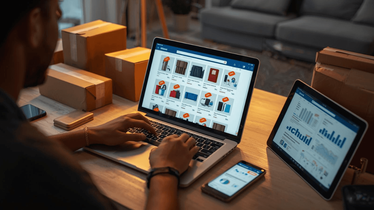 A person browses Cyber Monday shopping deals on a laptop surrounded by packages and analytics tools.