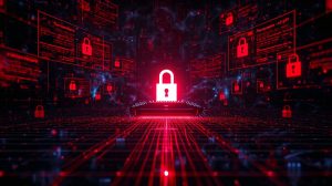 Digital visualization of a ransomware breach affecting consumer-technology devices, with warning alerts and encrypted data symbolizing a Logitech-related cybersecurity incident.