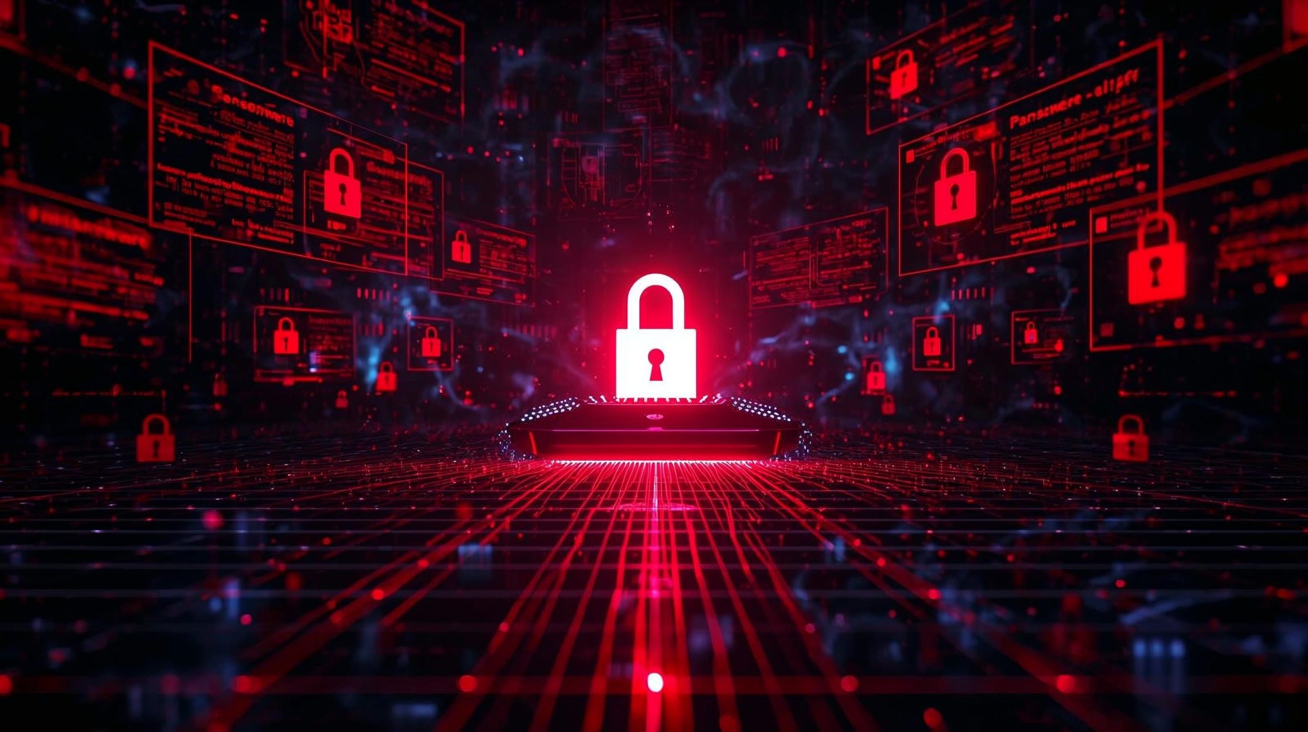 Digital visualization of a ransomware breach affecting consumer-technology devices, with warning alerts and encrypted data symbolizing a Logitech-related cybersecurity incident.