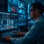 A cybersecurity analyst reviews SIEM dashboards and MDR threat alerts in a security operations center, illustrating cybersecurity risk management.