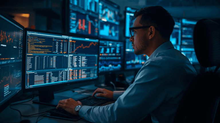 A cybersecurity analyst reviews SIEM dashboards and MDR threat alerts in a security operations center, illustrating cybersecurity risk management.