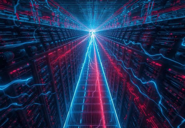 Futuristic data center with glowing AI servers and energy lines representing the hidden environmental and energy costs of artificial intelligence.