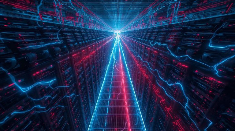 Futuristic data center with glowing AI servers and energy lines representing the hidden environmental and energy costs of artificial intelligence.
