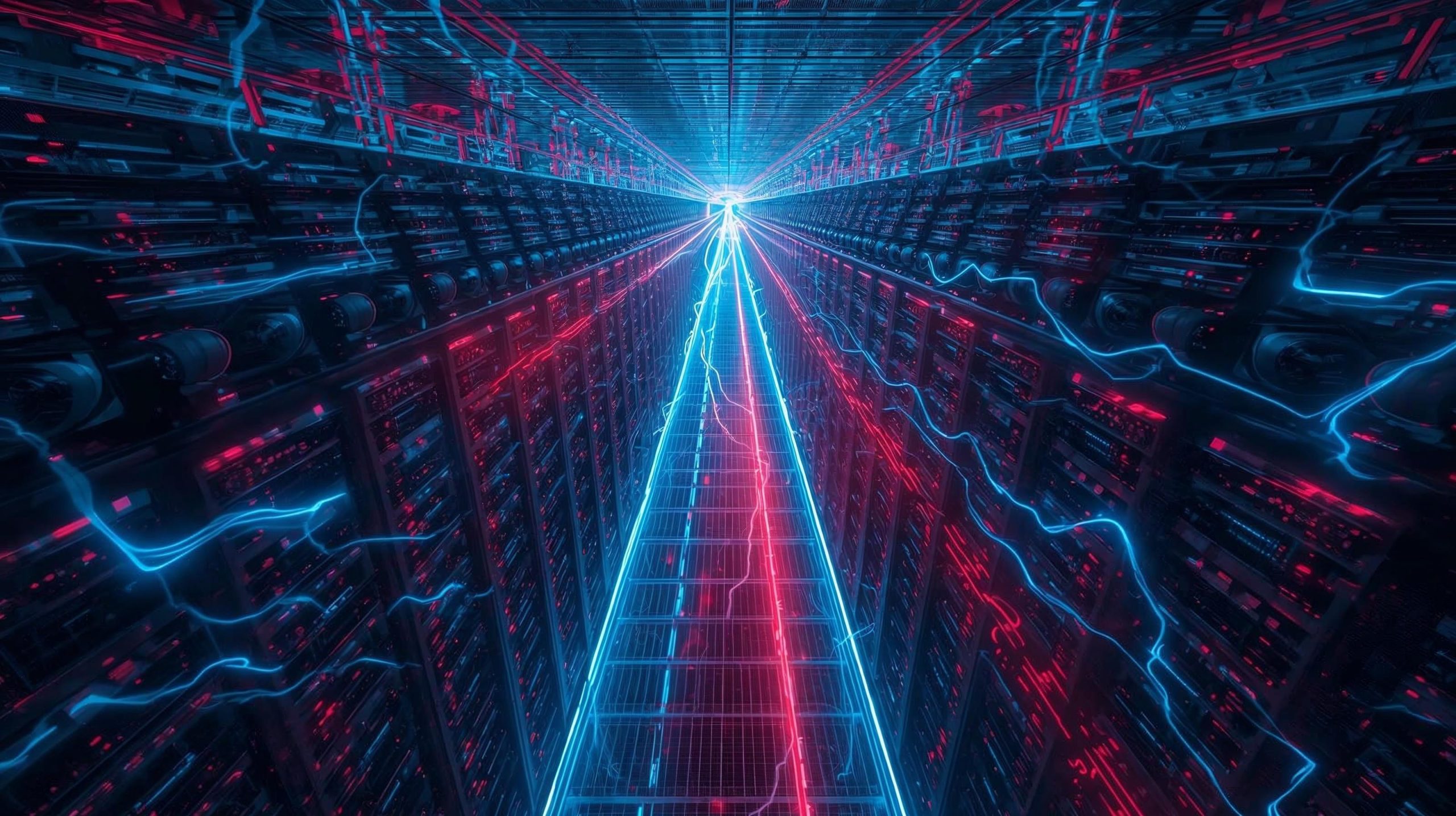 Futuristic data center with glowing AI servers and energy lines representing the hidden environmental and energy costs of artificial intelligence.