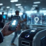 Traveler using an iPhone with Apple Digital ID at a modern airport security checkpoint with biometric and holographic verification.