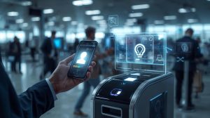 Traveler using an iPhone with Apple Digital ID at a modern airport security checkpoint with biometric and holographic verification.