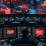 A technician in an emergency operations center reviews malfunctioning alert system dashboards, illustrating the failure of emergency alert systems.