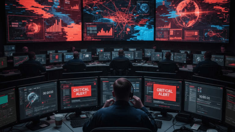 A technician in an emergency operations center reviews malfunctioning alert system dashboards, illustrating the failure of emergency alert systems.