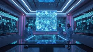 Futuristic lab showcasing a holographic quantum circuit cube with scientists analyzing data and glowing digital interfaces.