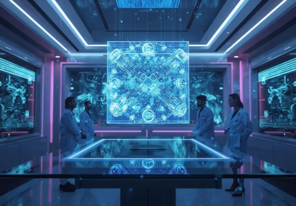 Futuristic lab showcasing a holographic quantum circuit cube with scientists analyzing data and glowing digital interfaces.