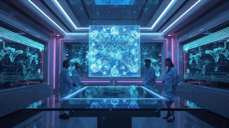 Futuristic lab showcasing a holographic quantum circuit cube with scientists analyzing data and glowing digital interfaces.