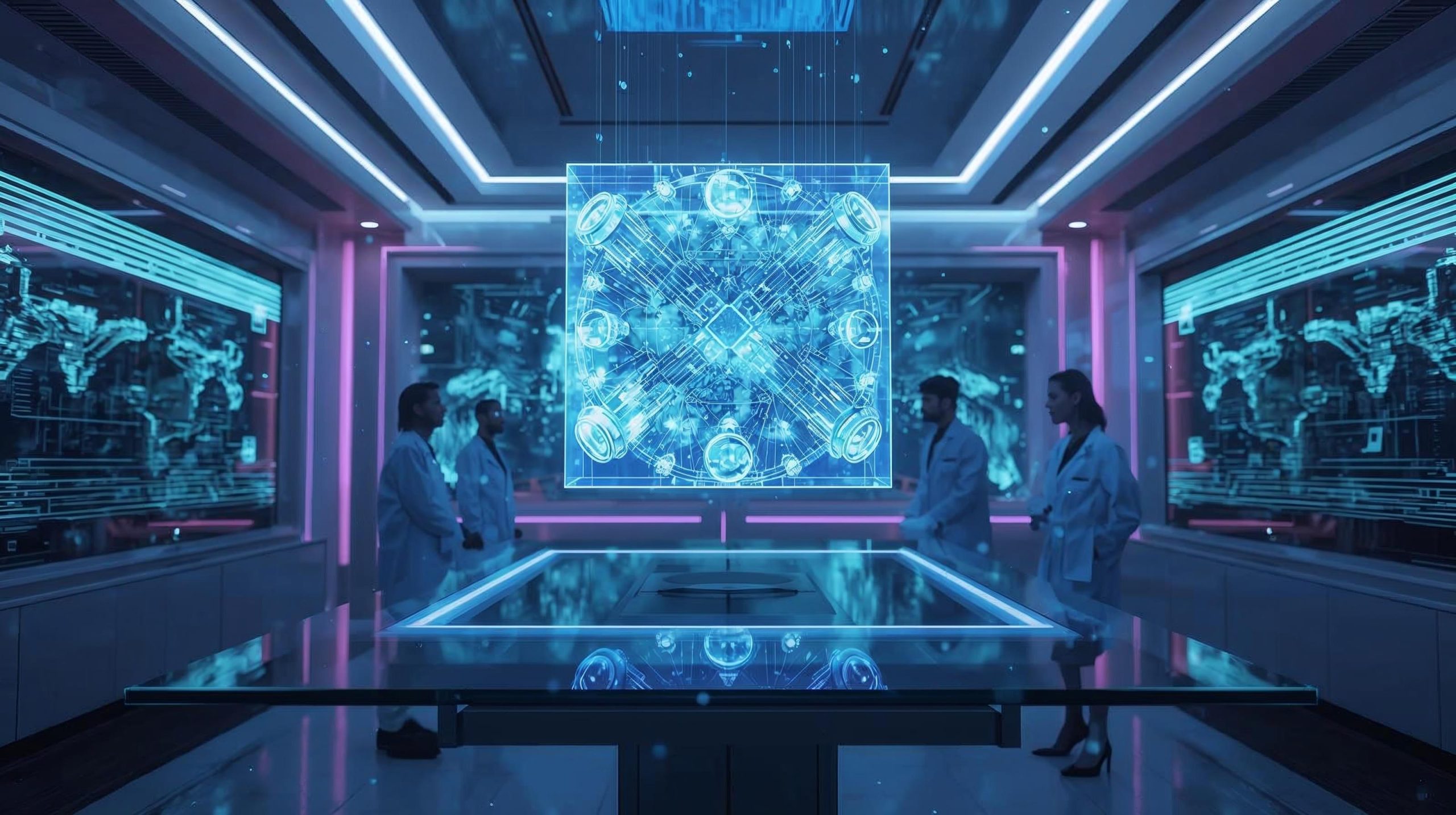 Futuristic lab showcasing a holographic quantum circuit cube with scientists analyzing data and glowing digital interfaces.