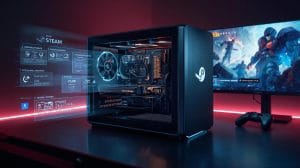 Open Valve Steam Machine showing internal hardware with holographic SteamOS and gaming visuals representing the future of PC gaming.