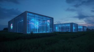 Futuristic digital data center in Germany with AI and cloud networks illuminated, representing Google’s €5.5 billion investment in European technology infrastructure.